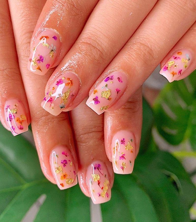 Beyond Beauty Bar - Dried flower nail designs with some gems 💎⁣ ⁣ ⁣ ⁣ ⁣ ⁣  ⁣ ⁣ ⁣ ⁣ ⁣ ⁣ ⁣ ⁣ #naildesign #acrylicnails #acrylic #nailgems #naildiamonds  #pinknails #nailart #nails #driedflowers