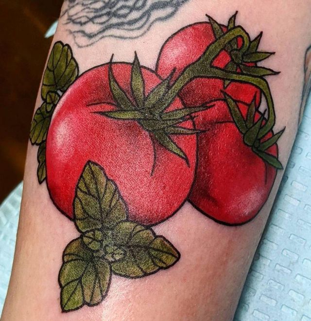 Three Pretty Tomato Tattoo on Leg