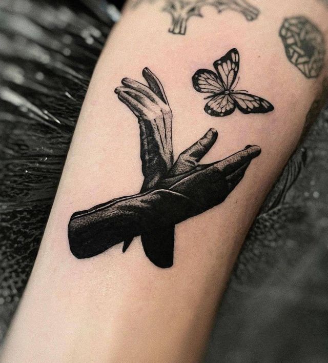Black Glove Tattoo with Butterfly