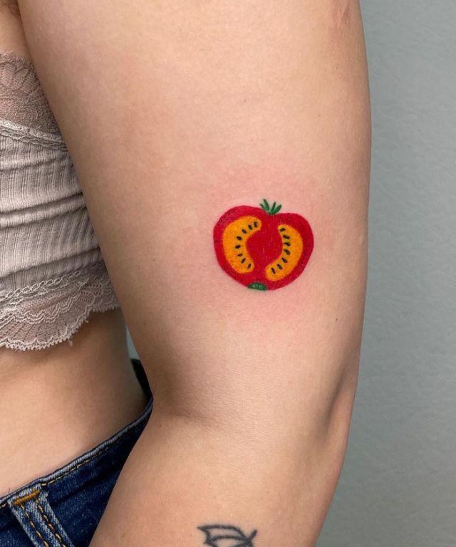 Cute Harf Tomato Tattoo on Arm