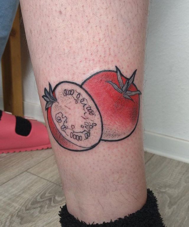 Unique Tomato Tattoo on Leg