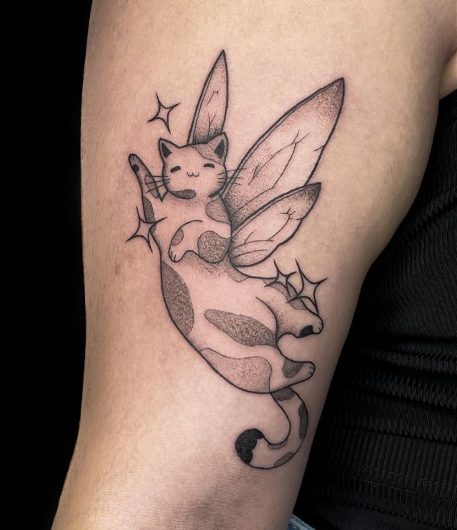 Cute Fairy Cat Tattoo on Upper Arm