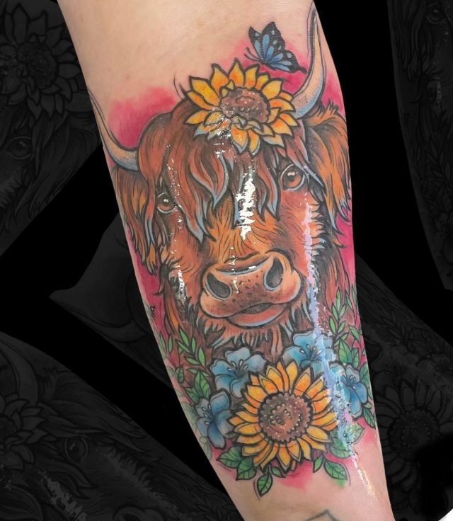 Flower Butterfly Highland Cow Tattoo on Arm