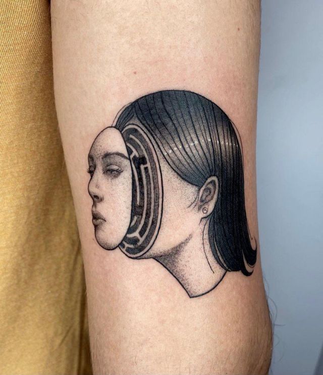 Woman Face Maze Tattoo on Arm