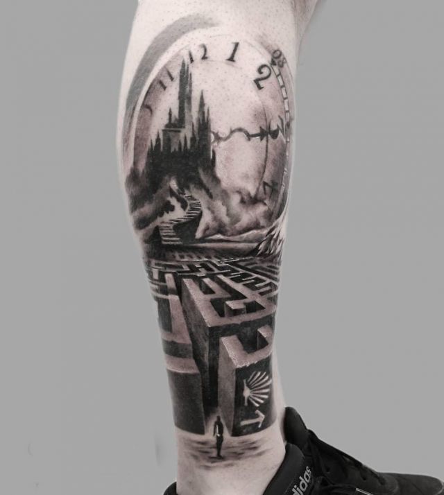 Clock Maze Tattoo with Eye on Leg