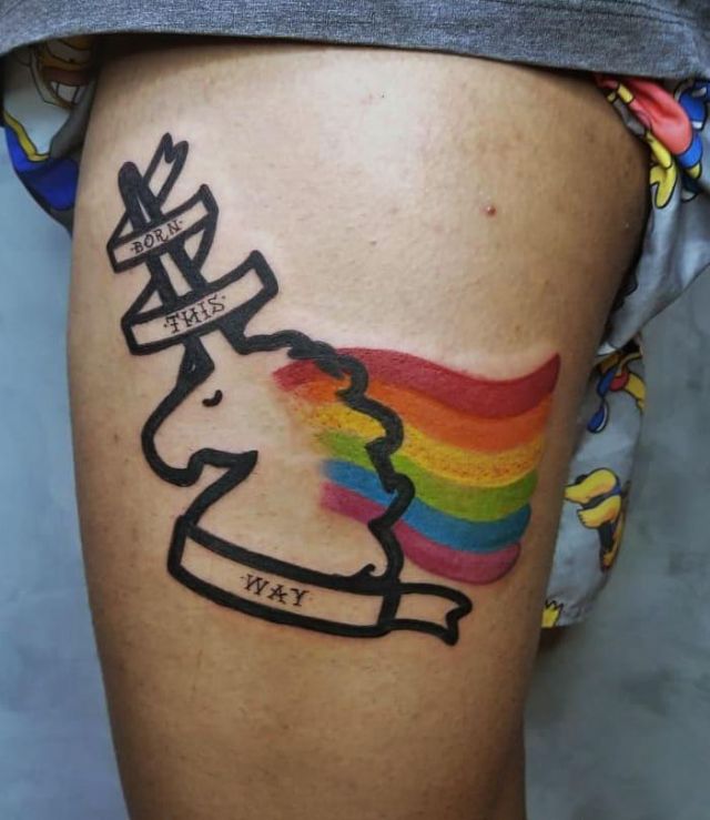 Beautiful Rainbow Born This Way Tattoo on Thigh