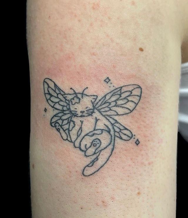 Unique Fairy Cat Tattoo on Upper Arm