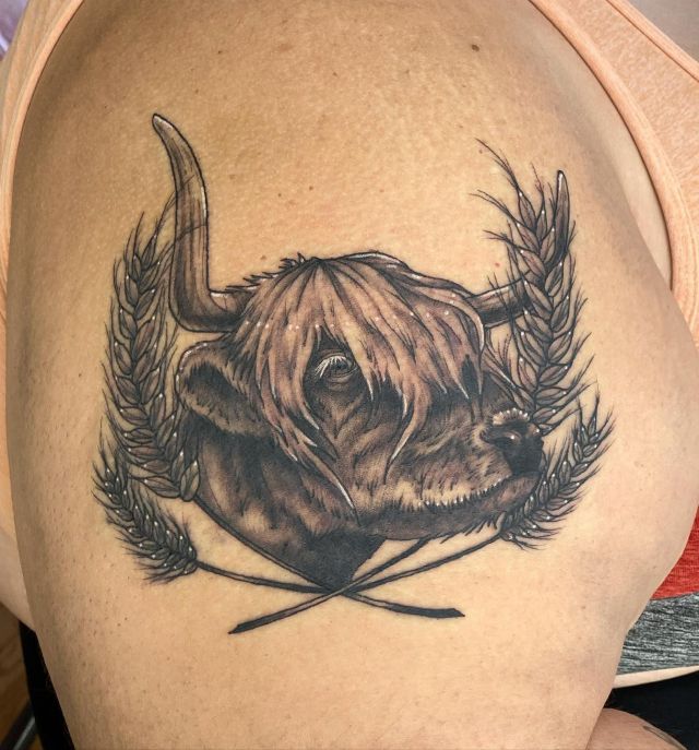 Ear of Wheat and Highland Cow Tattoo on Shoulder