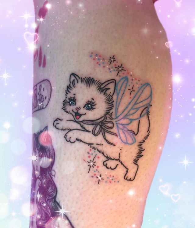 Lovely Fairy Cat Tattoo on Leg