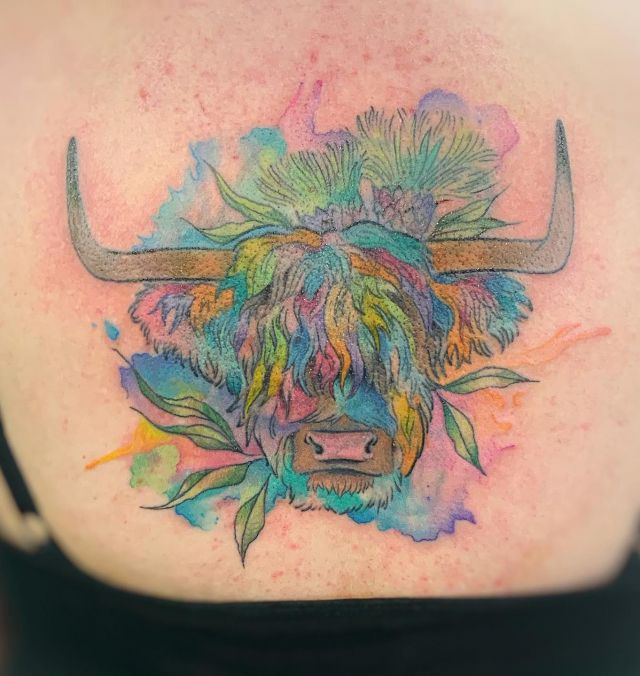 Watercolor Highland Cow Tattoo on Back