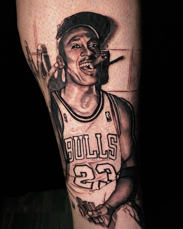 Smoking Michael Jordan Tattoo on Leg