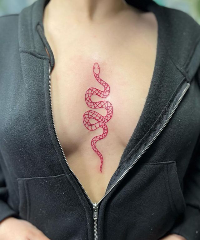 Red Snake Tattoo on Chest