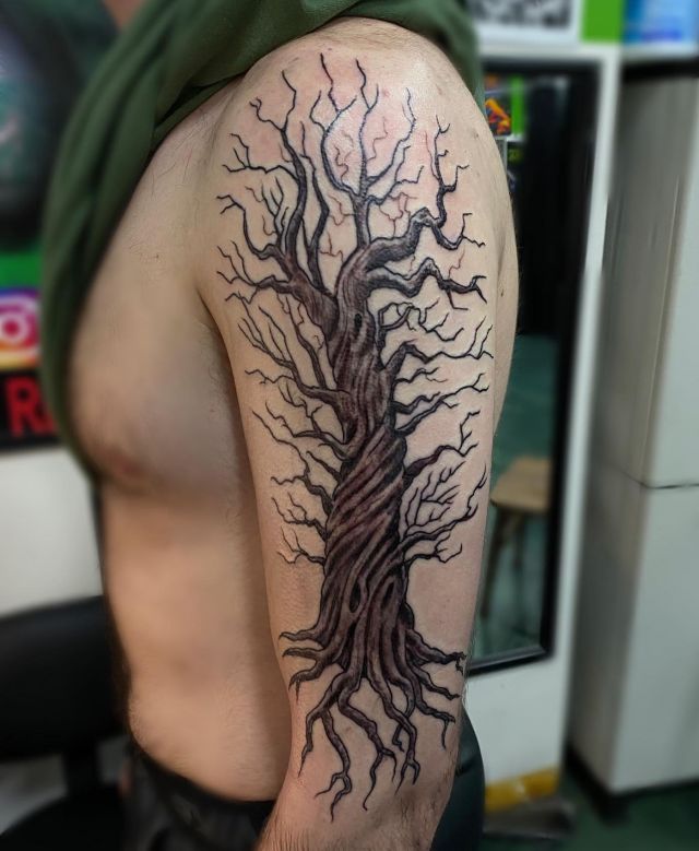 Unique Dead Tree Tattoo on Upper Arm