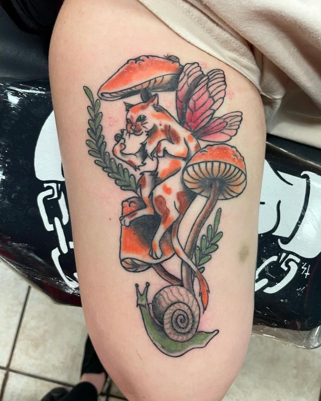 Mushroom Snail Fairy Cat Tattoo on Leg