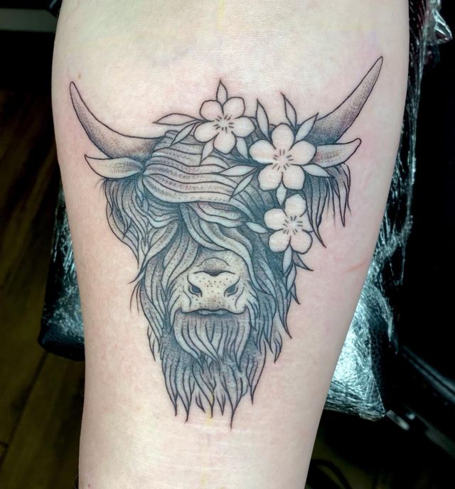 Flower Highland Cow Tattoo on Thigh