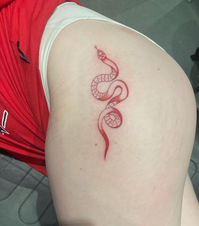 Red Snake Tattoo on Upper Thigh