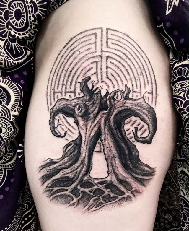Withered Tree Maze Tattoo on Thigh