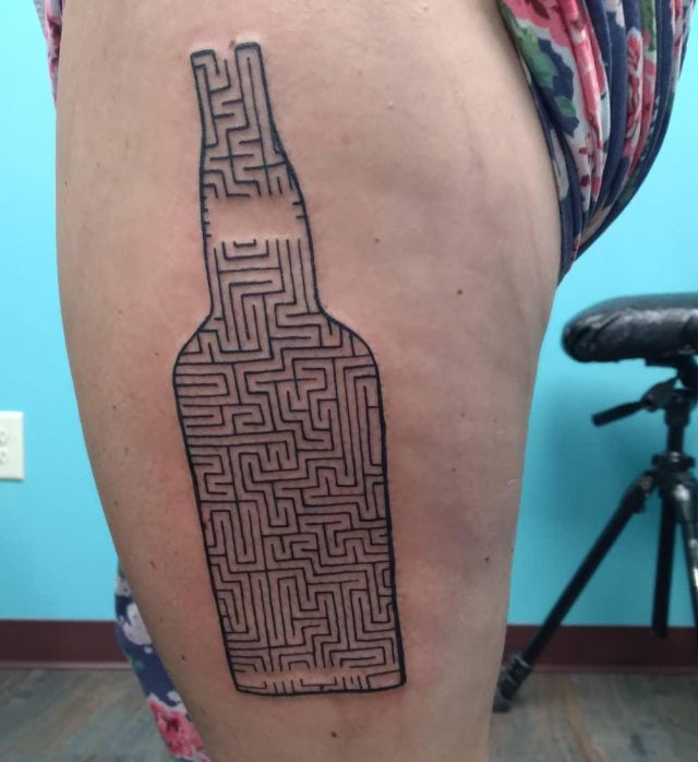 Bottle Maze Tattoo on Thigh