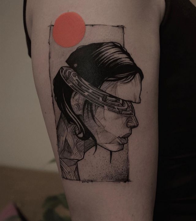 Woman Head Maze Tattoo on Upper Arm