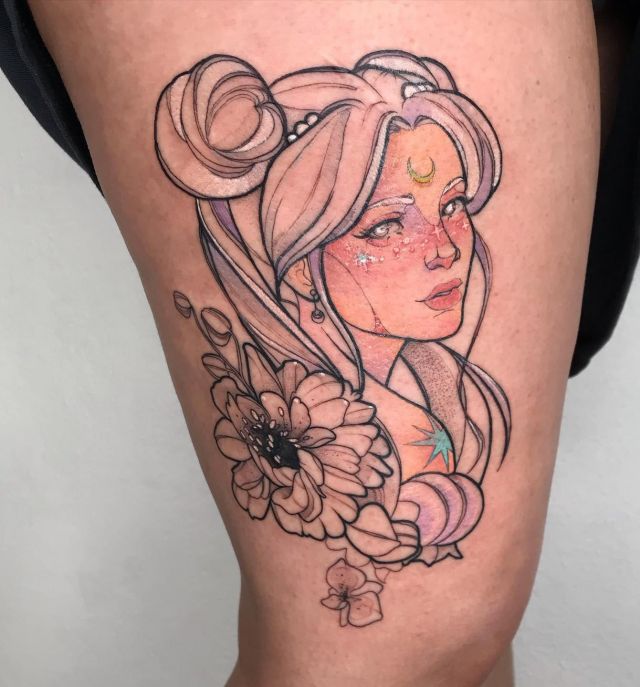 Sketch Sailor Moon Tattoo on Thigh
