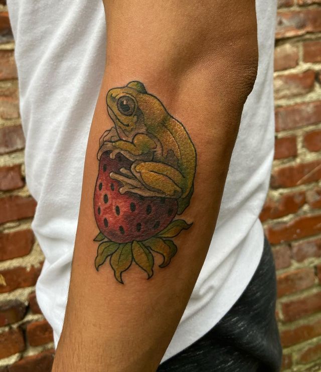 Unique Tree Frog on Strawberry Tattoo