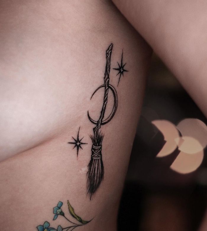 Moon, Star and Broom Tattoo on Side Body