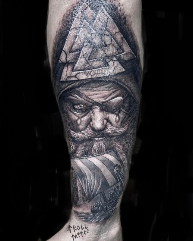 Unique Odin Tattoo on Leg