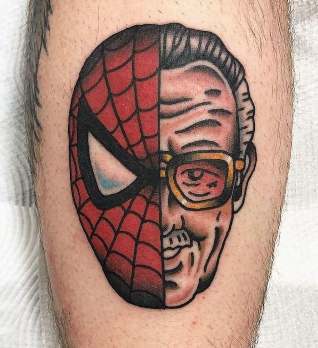 Half Spiderman Half Stan Lee Tattoo on Leg