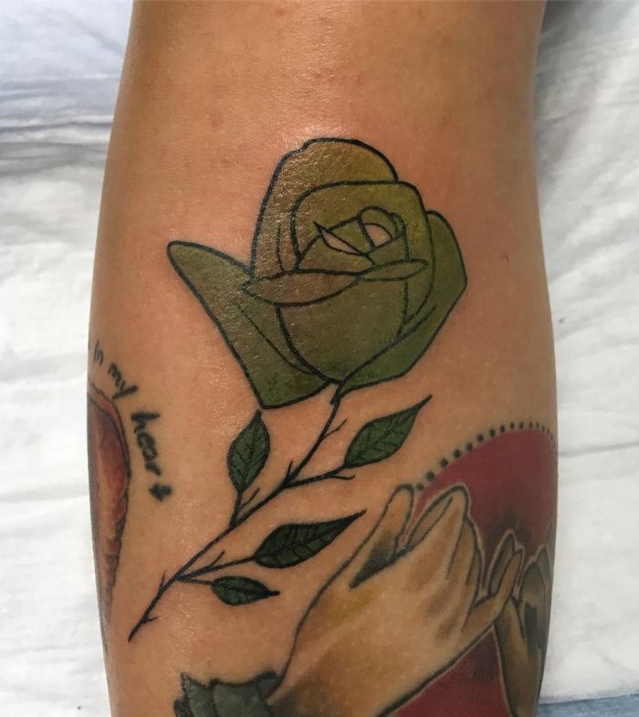 Pretty Green Rose Tattoo on Leg