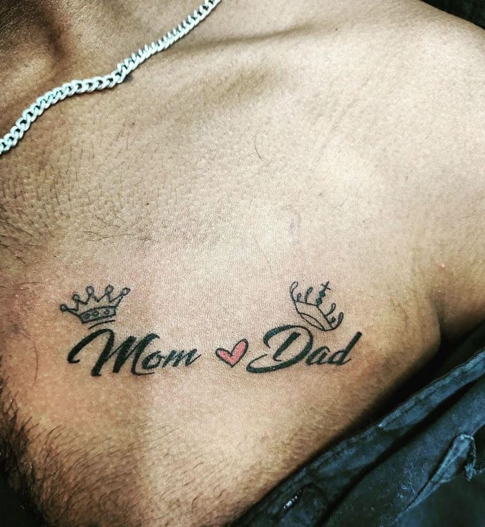 Mom Dad Tattoo with Crown on Chest