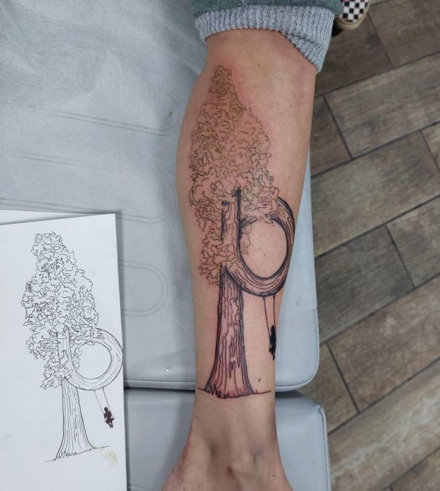 Simple Sequoia Tree Tattoo on Leg