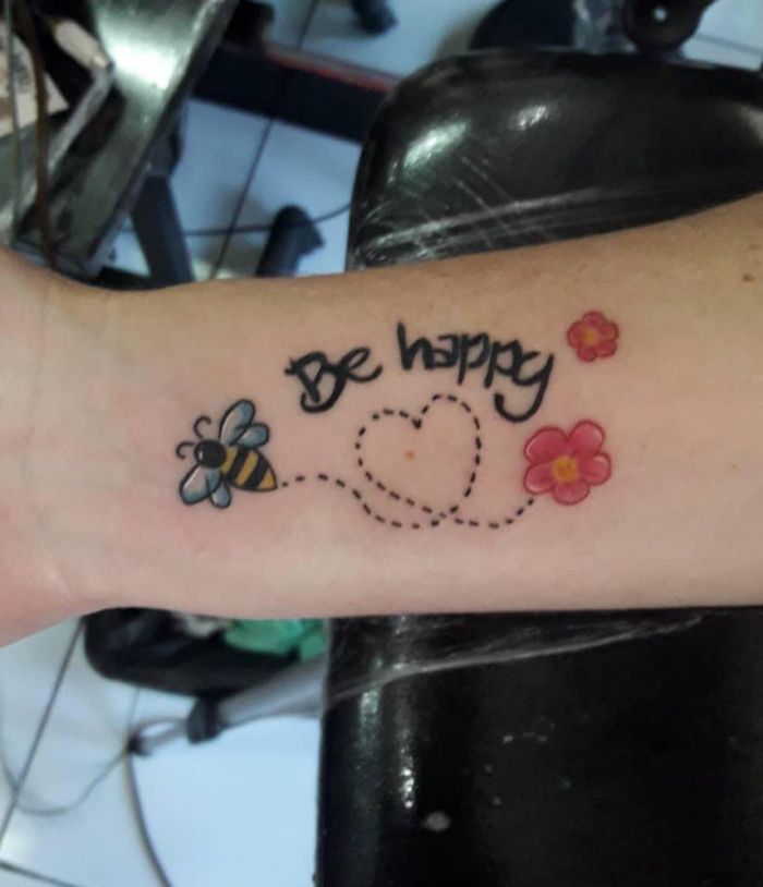 Bee, Flower and Be Happy Tattoo on Wrist