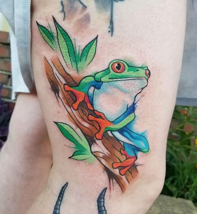 Green Tree Frog on Branch Tattoo on Thigh