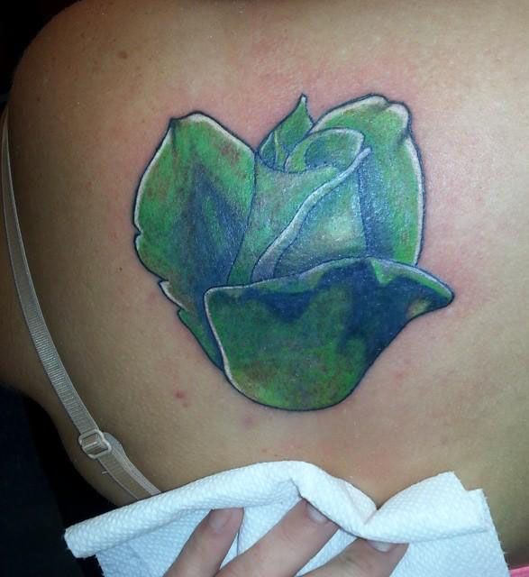Pretty Green Rose Tattoo on Back Shoulder