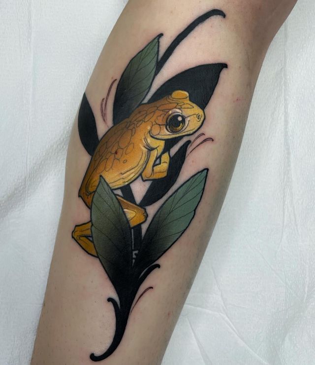 Yellow Tree Frog on Plant Tattoo on Leg