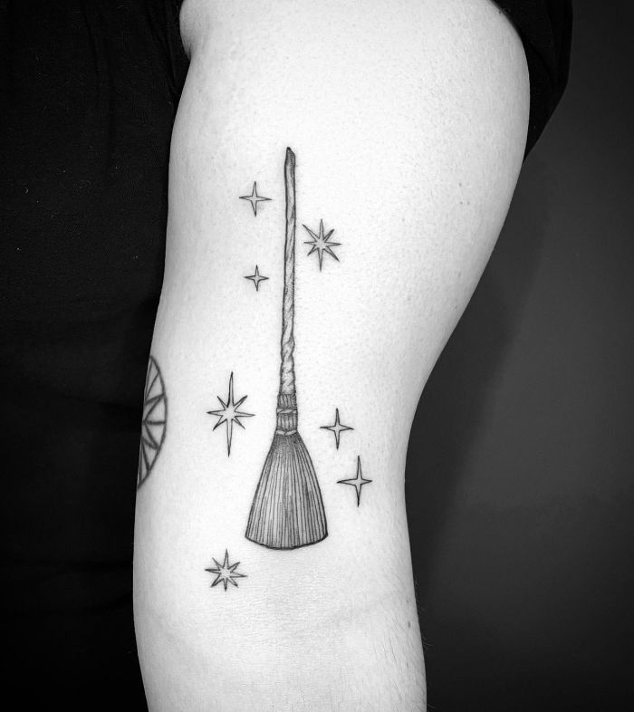 Cool Broom Tattoo with Star on Thigh