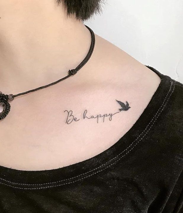 Bird and Be Happy Tattoo on Clavicle