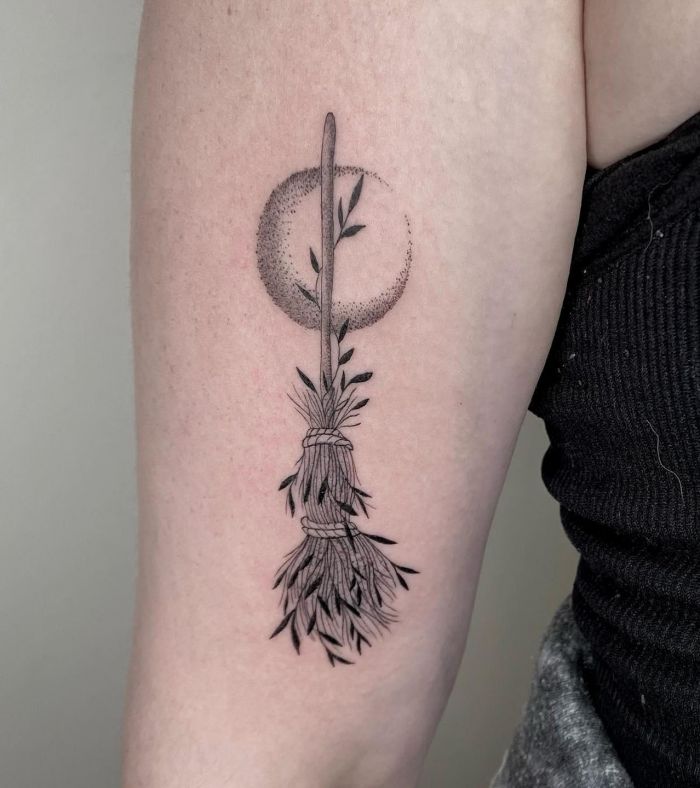 Pretty Moon, Willow Branch and Broom Tattoo on Upper Arm