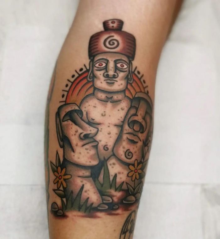 Three Moai Tattoo on Leg