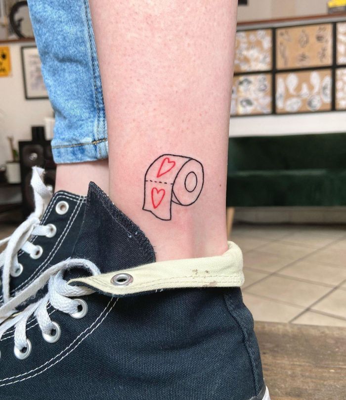Cute Toilet Paper Tattoo with Heart on Ankles