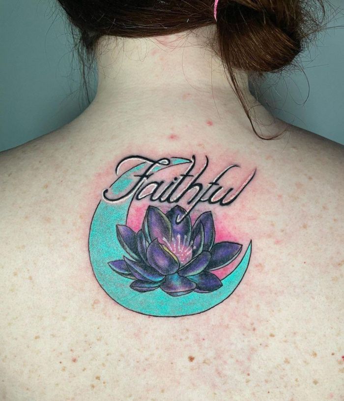 Faithful Moon and Black Lotus Tattoo on Back