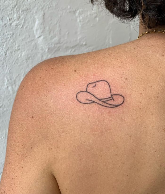 Small and Easy Cowboy Hat Tattoo on Back Shoulder