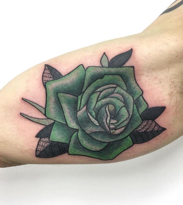 Unique Green Rose Tattoo on Arm