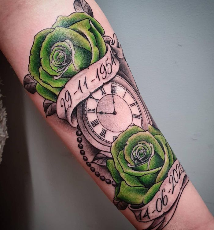 Unique Clock and Green Rose Tattoo on Forearm