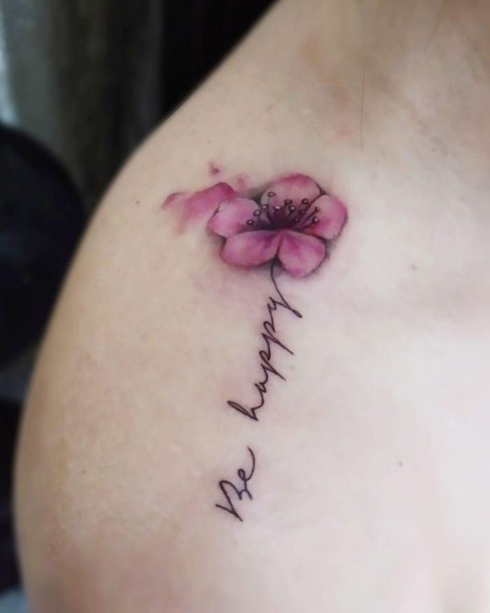 Pretty Flower and Be Happy Tattoo on Shoulder