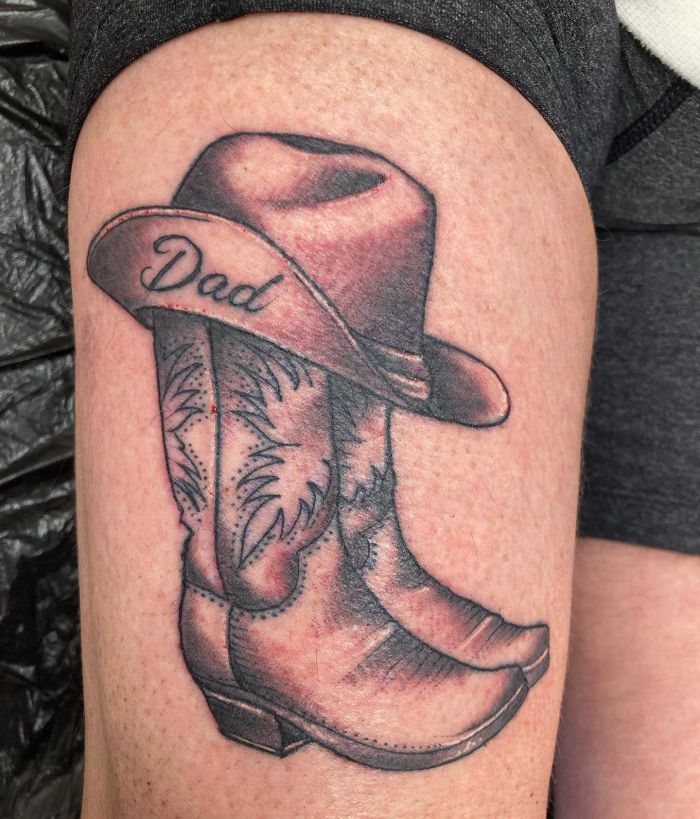 Dad Cowboy Hat Tattoo on Thigh